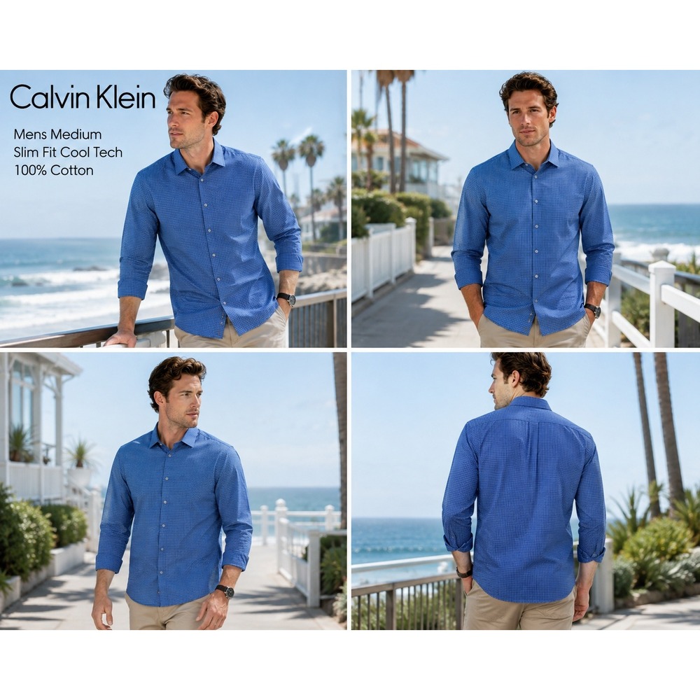 CALVIN KLEIN Men's M Slim Fit Cool Tech Blue Grid Cotton Button Up Shirt #1806